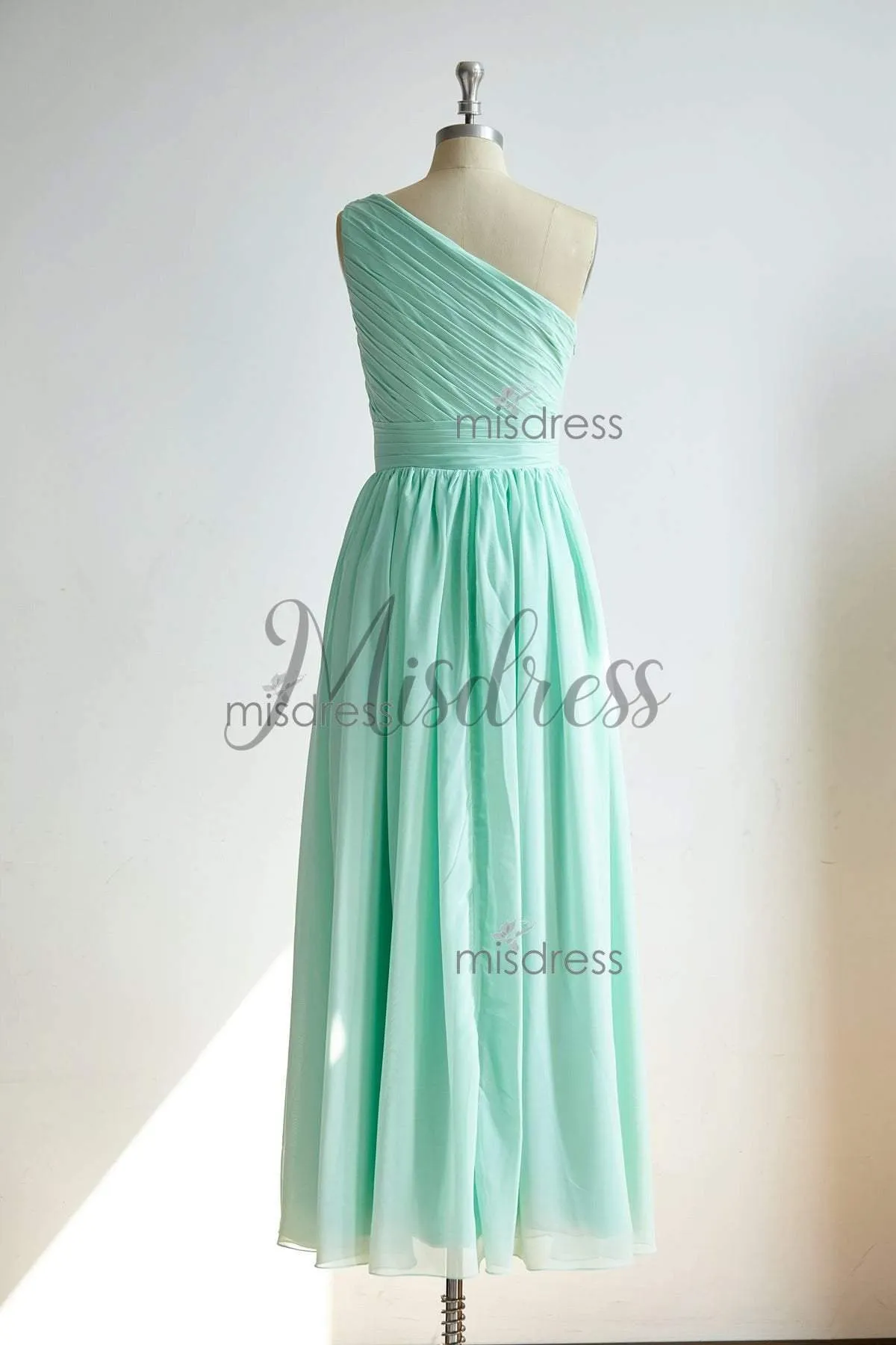 A-line One Shoulder Mint Chiffon Floor Length Wedding Bridesmaid Dress