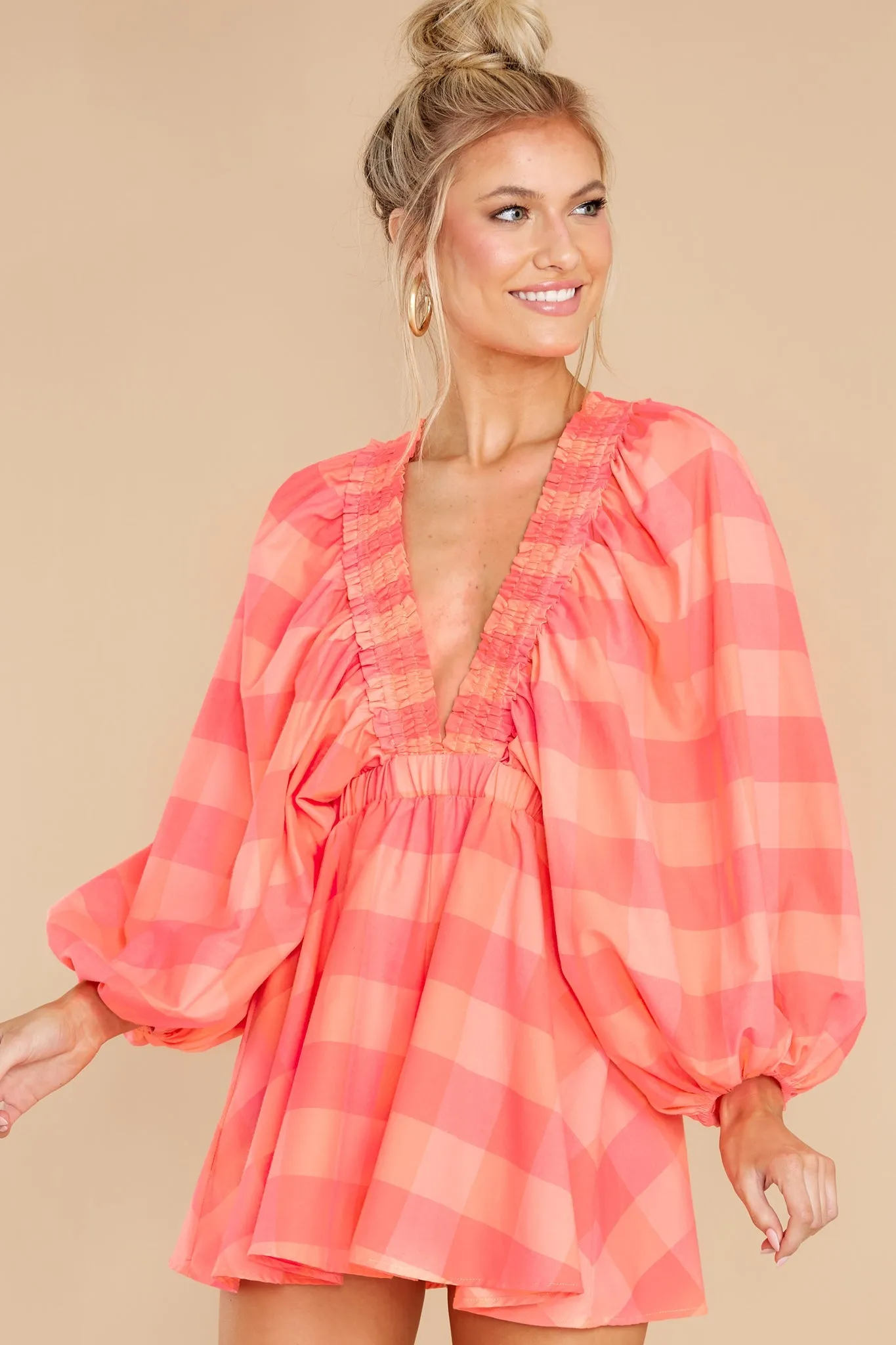 Alicia Neon Coral Gingham Big Romper