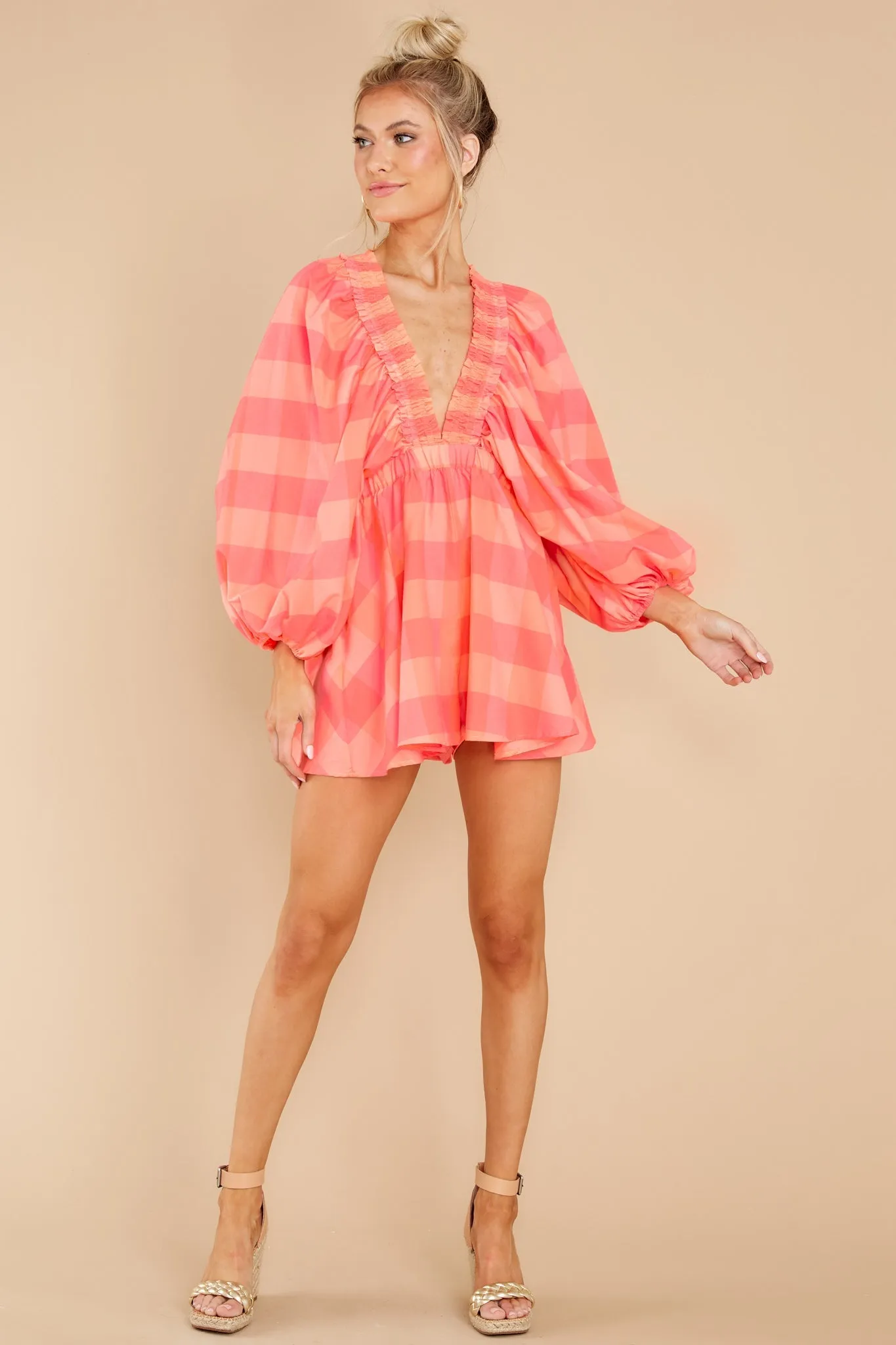 Alicia Neon Coral Gingham Big Romper