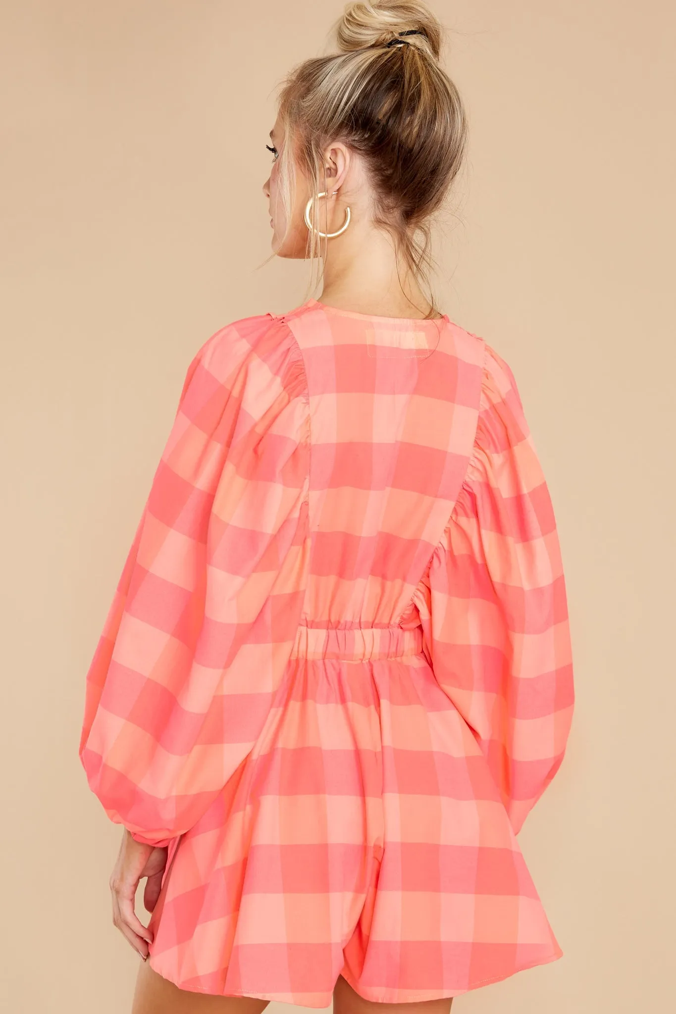 Alicia Neon Coral Gingham Big Romper