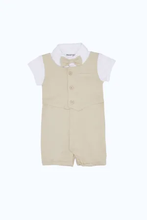 Baby Beige And White Attached Bowtie Romper