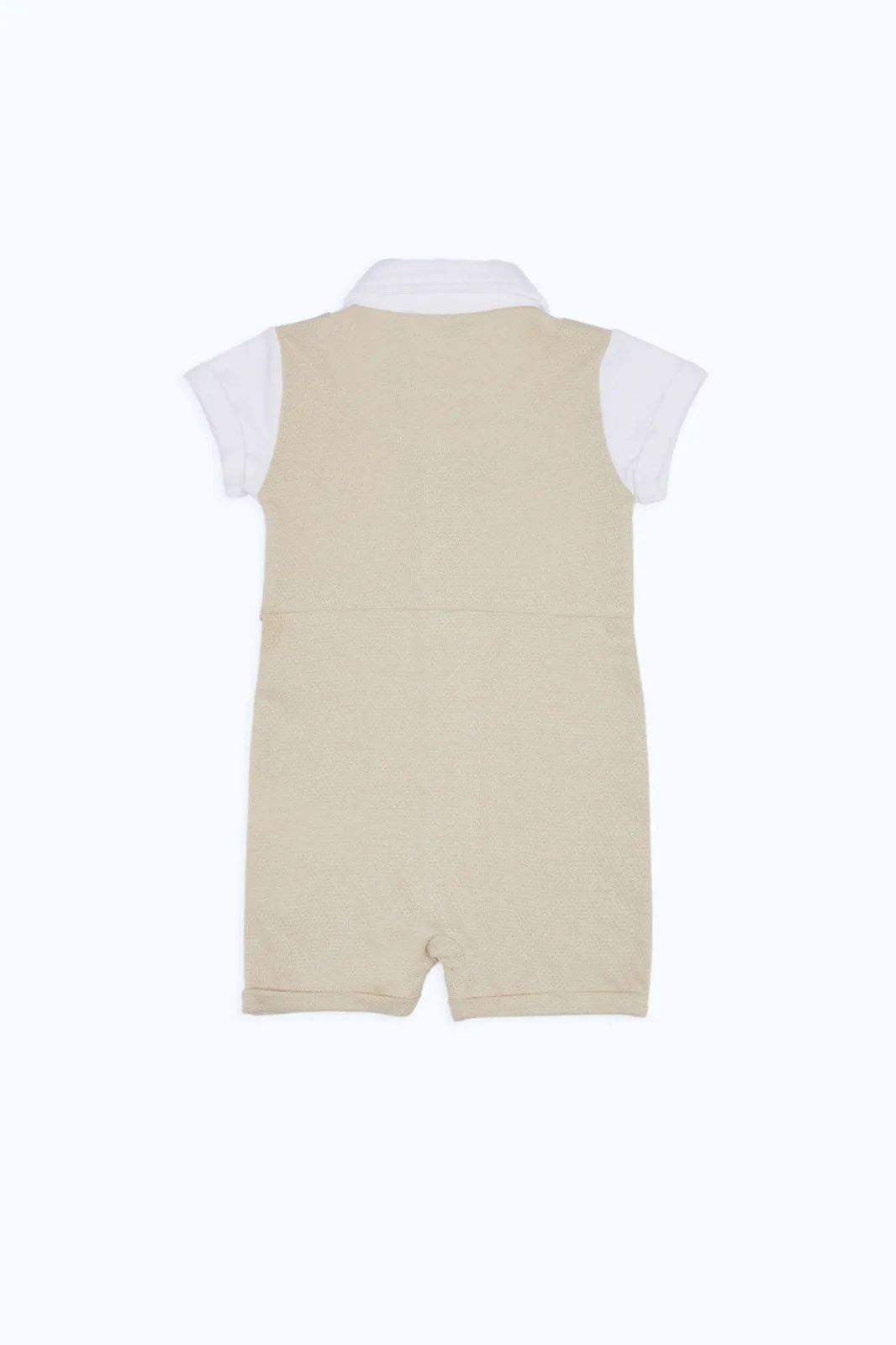 Baby Beige And White Attached Bowtie Romper