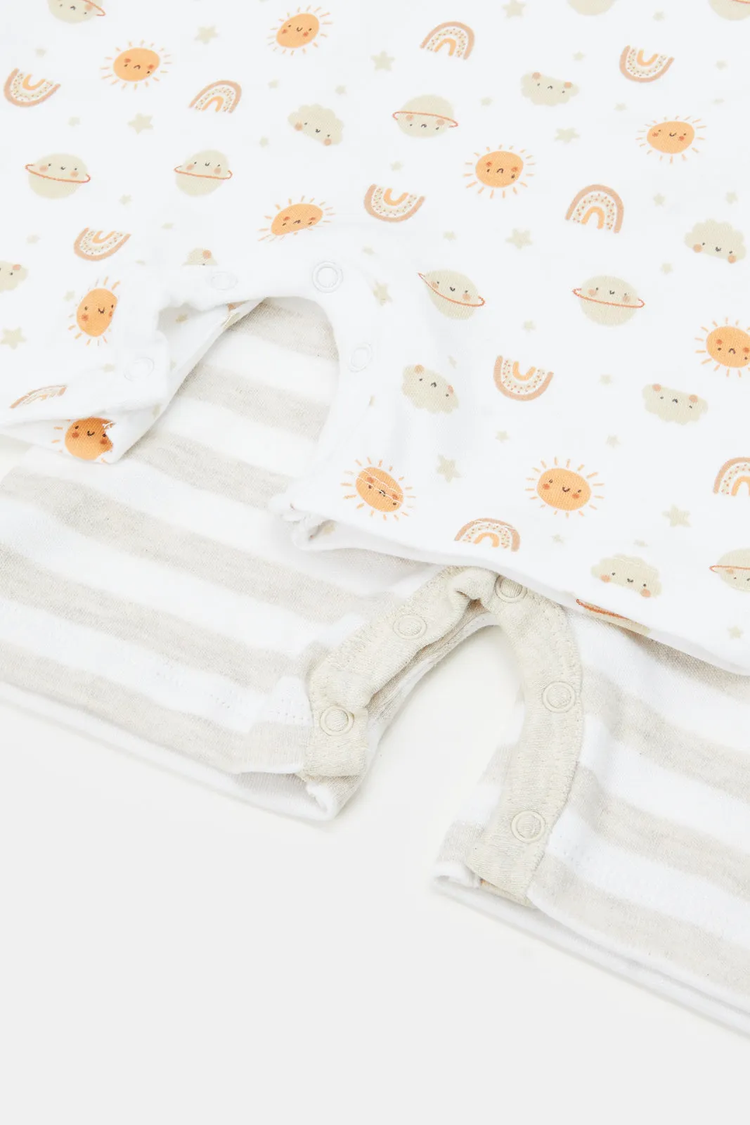 Baby Beige And White Printed Romper Set (Pack Of 2)