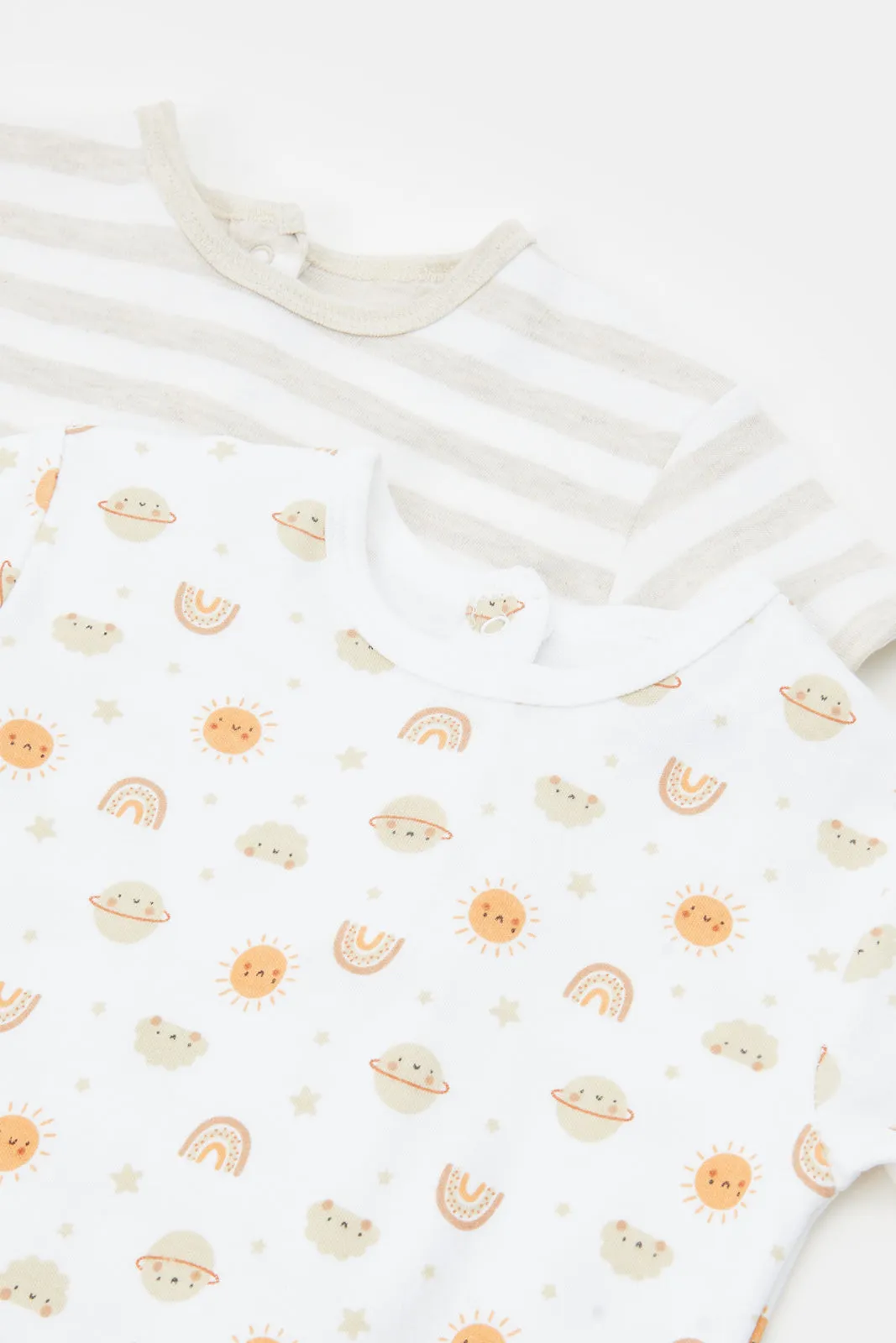 Baby Beige And White Printed Romper Set (Pack Of 2)