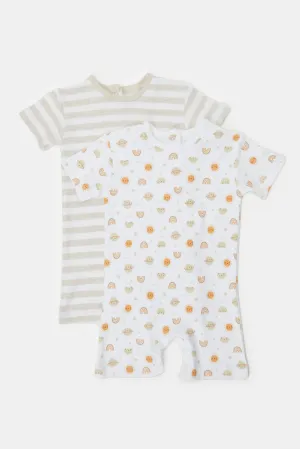 Baby Beige And White Printed Romper Set (Pack Of 2)