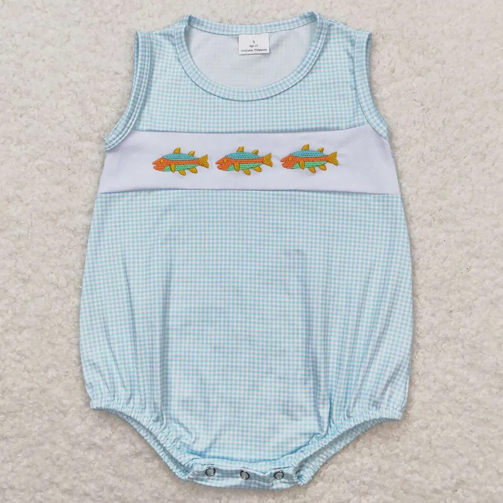 Baby Boys Romper Blue Checkered Fishes Sleeveless Rompers SR1265