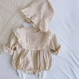 Baby Girl Embroidered Lace Collar Long-Sleeved Romper- Latte