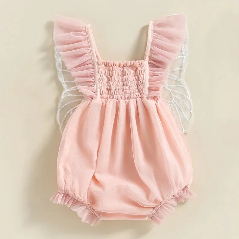 Baby Girl Tulle Bubble Romper with Butterfly Fairy Wings for Newborn and Toddler Birthday Cake Smash