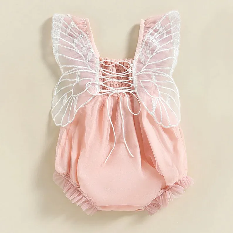 Baby Girl Tulle Bubble Romper with Butterfly Fairy Wings for Newborn and Toddler Birthday Cake Smash