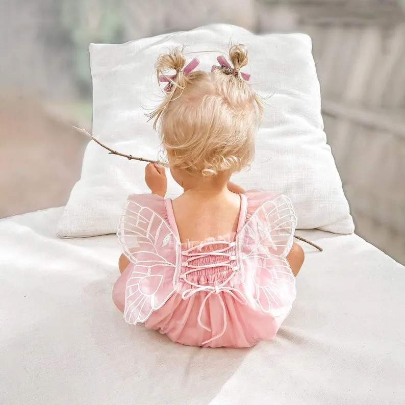 Baby Girl Tulle Bubble Romper with Butterfly Fairy Wings for Newborn and Toddler Birthday Cake Smash