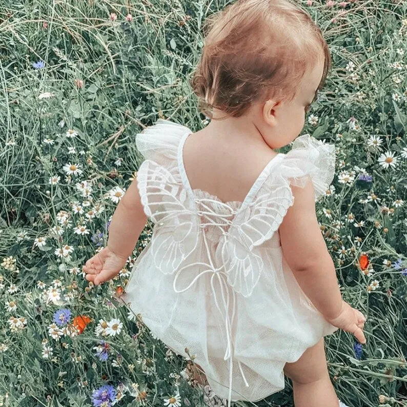 Baby Girl Tulle Bubble Romper with Butterfly Fairy Wings for Newborn and Toddler Birthday Cake Smash