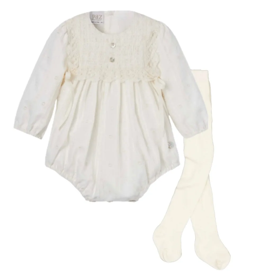 Baby Girls Cream Lace Romper with Tights