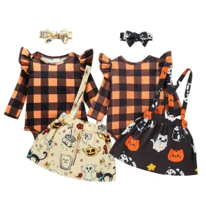 Baby Girls Halloween Plaid Ruffle Long Sleeves Romper Suspender Skirts with Headband