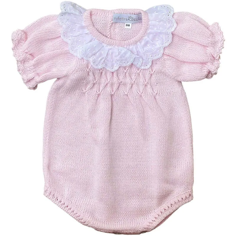 Baby Girls Pink Knitted Romper with Broderie Anglaise Collar