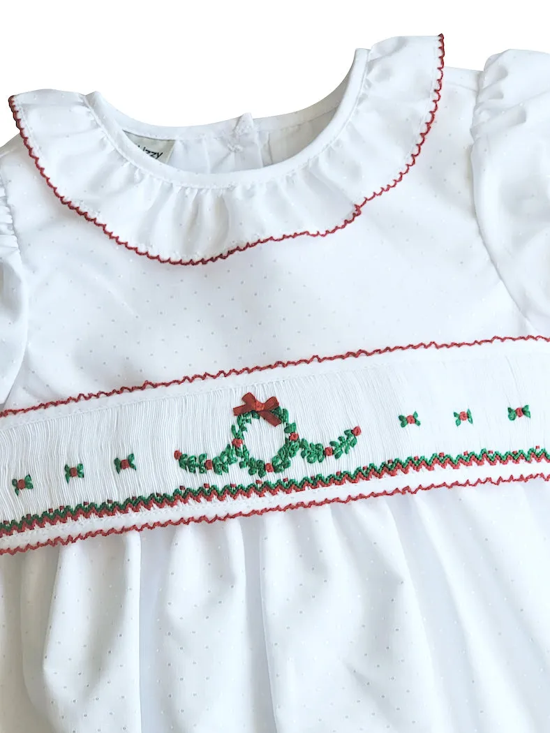 Baby Girl's "White Christmas" Dress with Smocked Double Belt