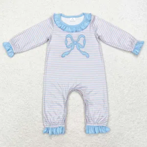 Baby Infant Girls Rompers Blue Stripes Big Bow Embroidery Long Sleeve Rompers LR1378