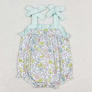 Baby Infant Girls Rompers Green Flowers Tie Bows Summer Rompers SR1456