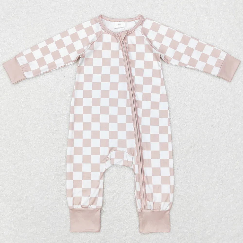 Baby Infant Girls Rompers Khaki Checkered Long Sleeve Zip Rompers LR0809