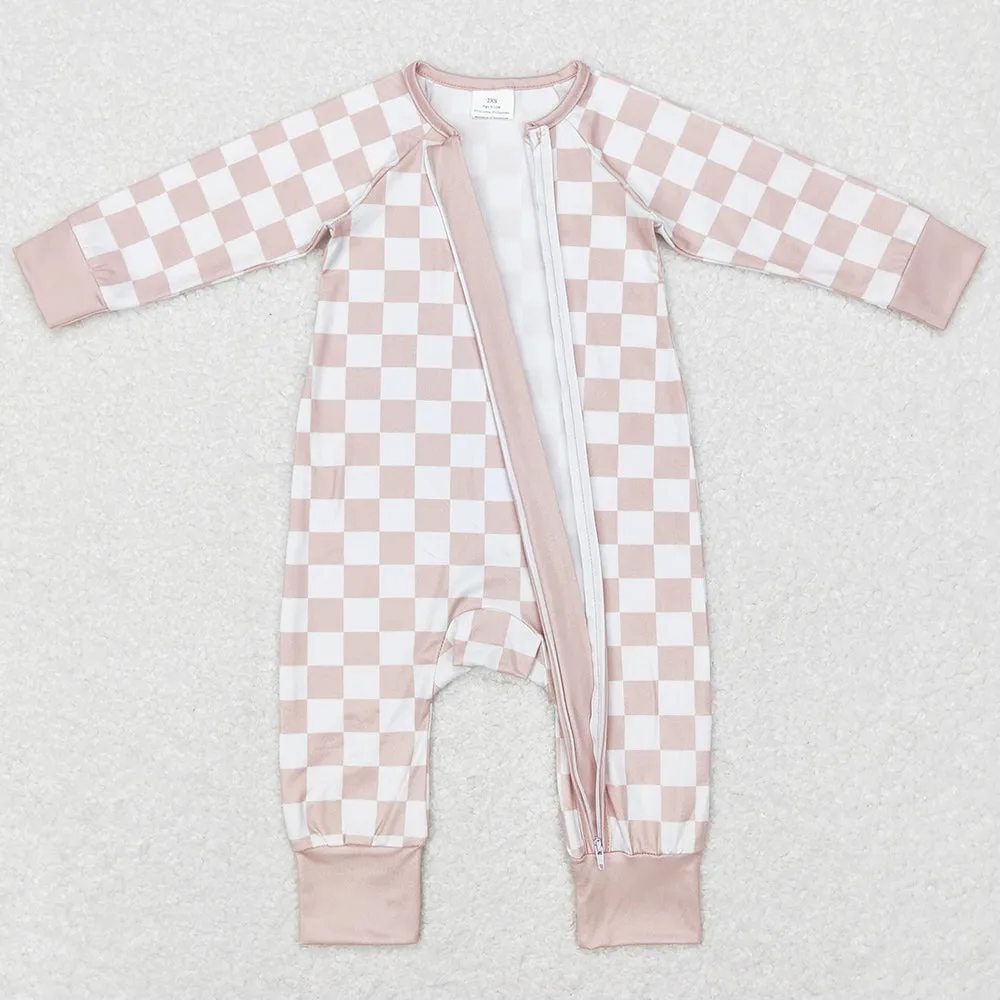 Baby Infant Girls Rompers Khaki Checkered Long Sleeve Zip Rompers LR0809