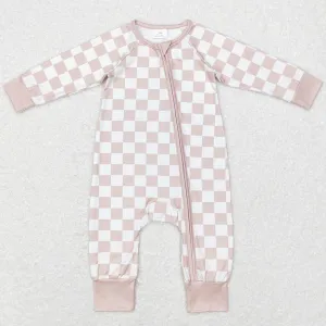 Baby Infant Girls Rompers Khaki Checkered Long Sleeve Zip Rompers LR0809