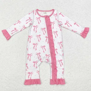 Baby Infant Girls Rompers Pink Bows Ruffle Bamboo Zip Rompers LR1584