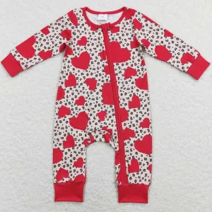 Baby Infant Girls Rompers Valentines Hearts Leopard Long Sleeve Zip Rompers LR0775