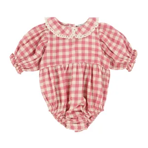 BEBE ORGANIC CREAM RASPBERRY GINGHAM SCALLOP COLLAR ROMPER