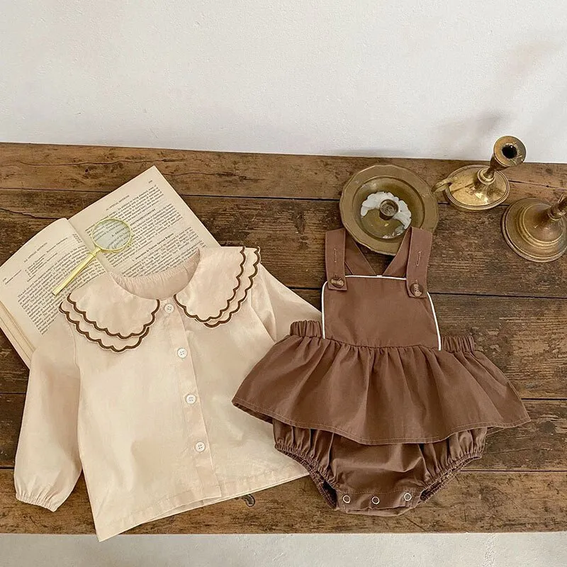 Beige Ruffle Collar Blouse and Skirt Romper Set