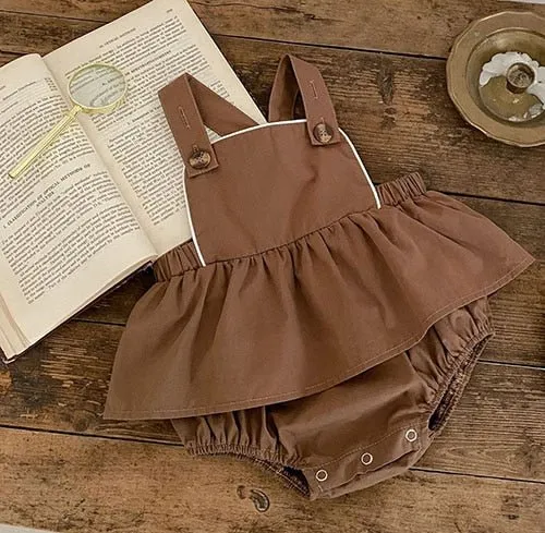 Beige Ruffle Collar Blouse and Skirt Romper Set