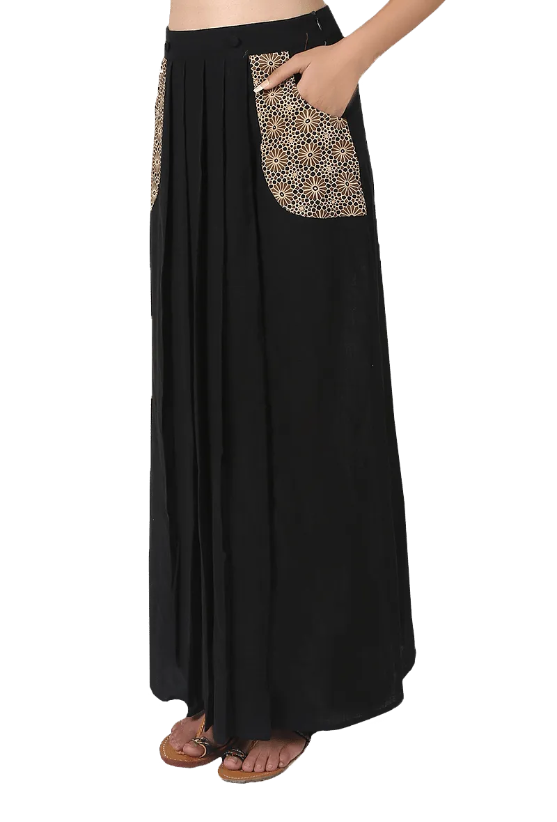 Black Pure Cotton Pleated Ajrakh Skirt