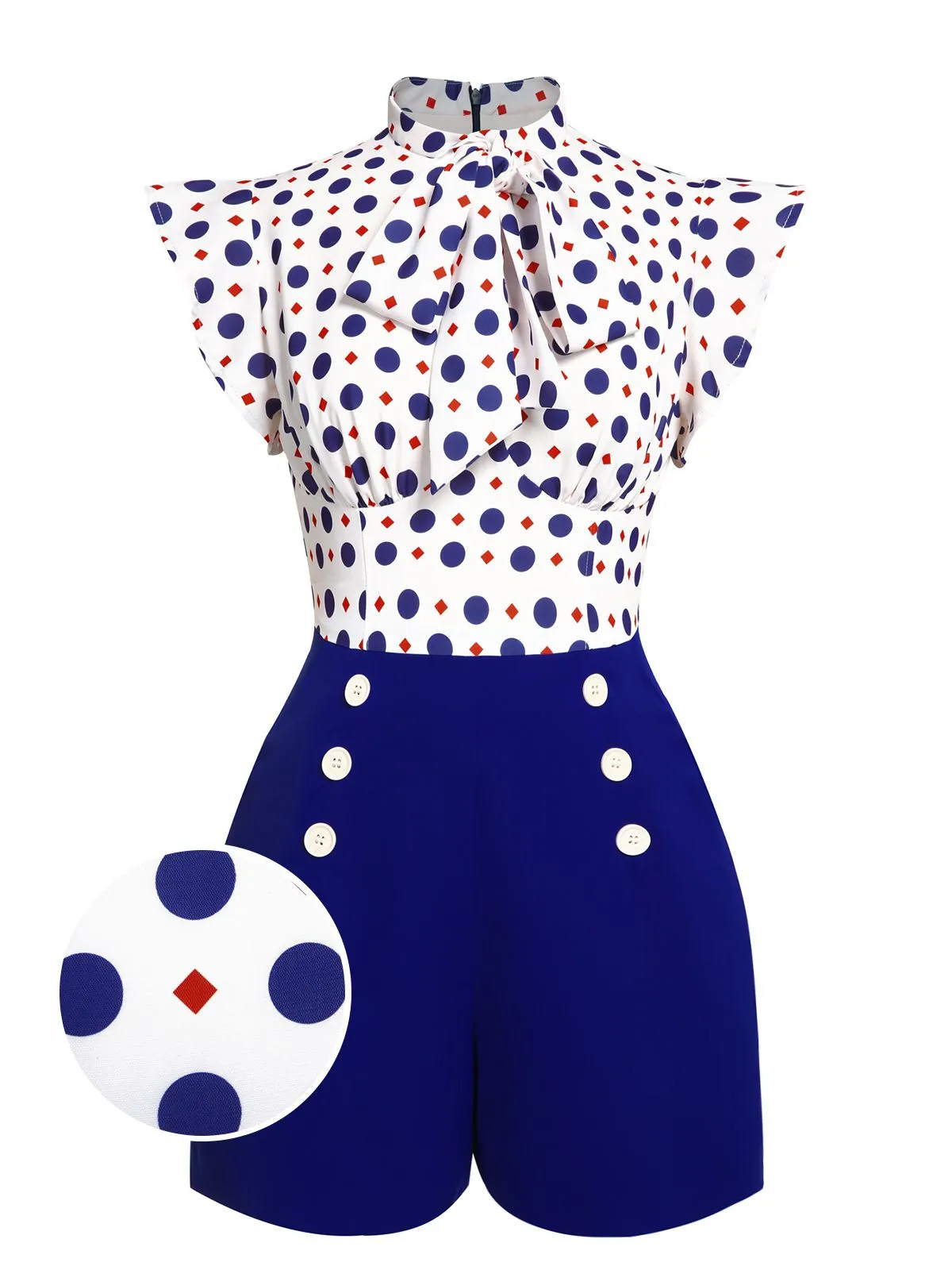 Blue 1950s Polka Dot Buttoned Romper