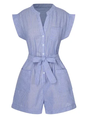 Blue 1950s Striped Belt Pocket Romper