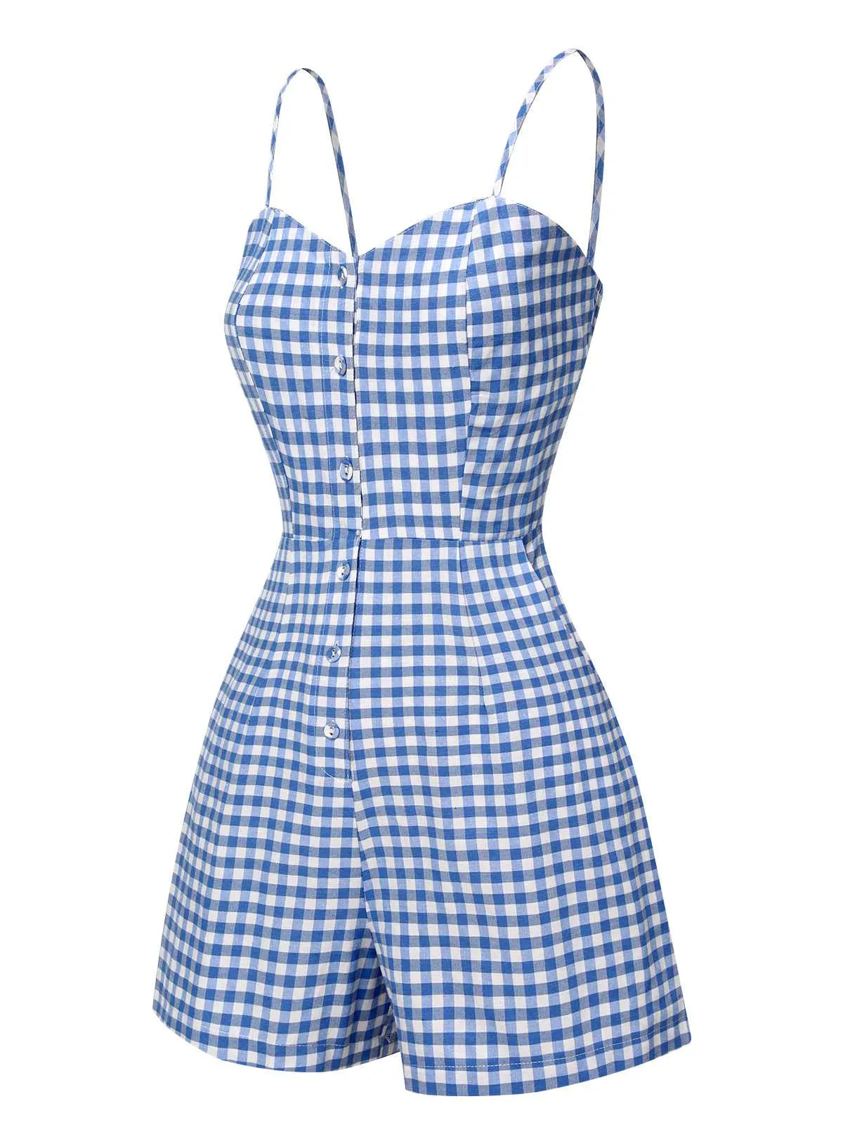 Blue 1960s Spaghetti Strap Plaids Romper