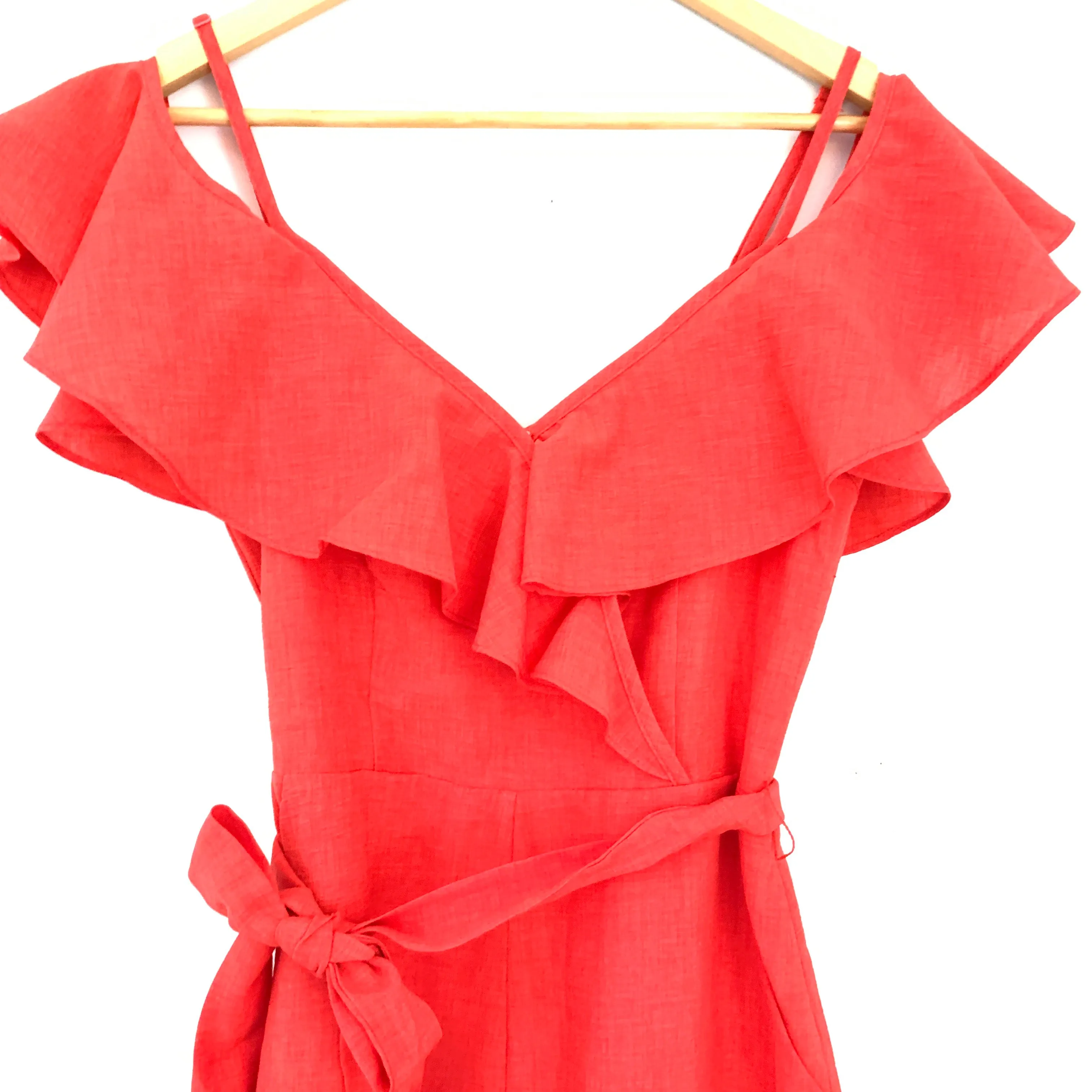 Blue Blush Red Off the Shoulder Ruffle Romper- Size S