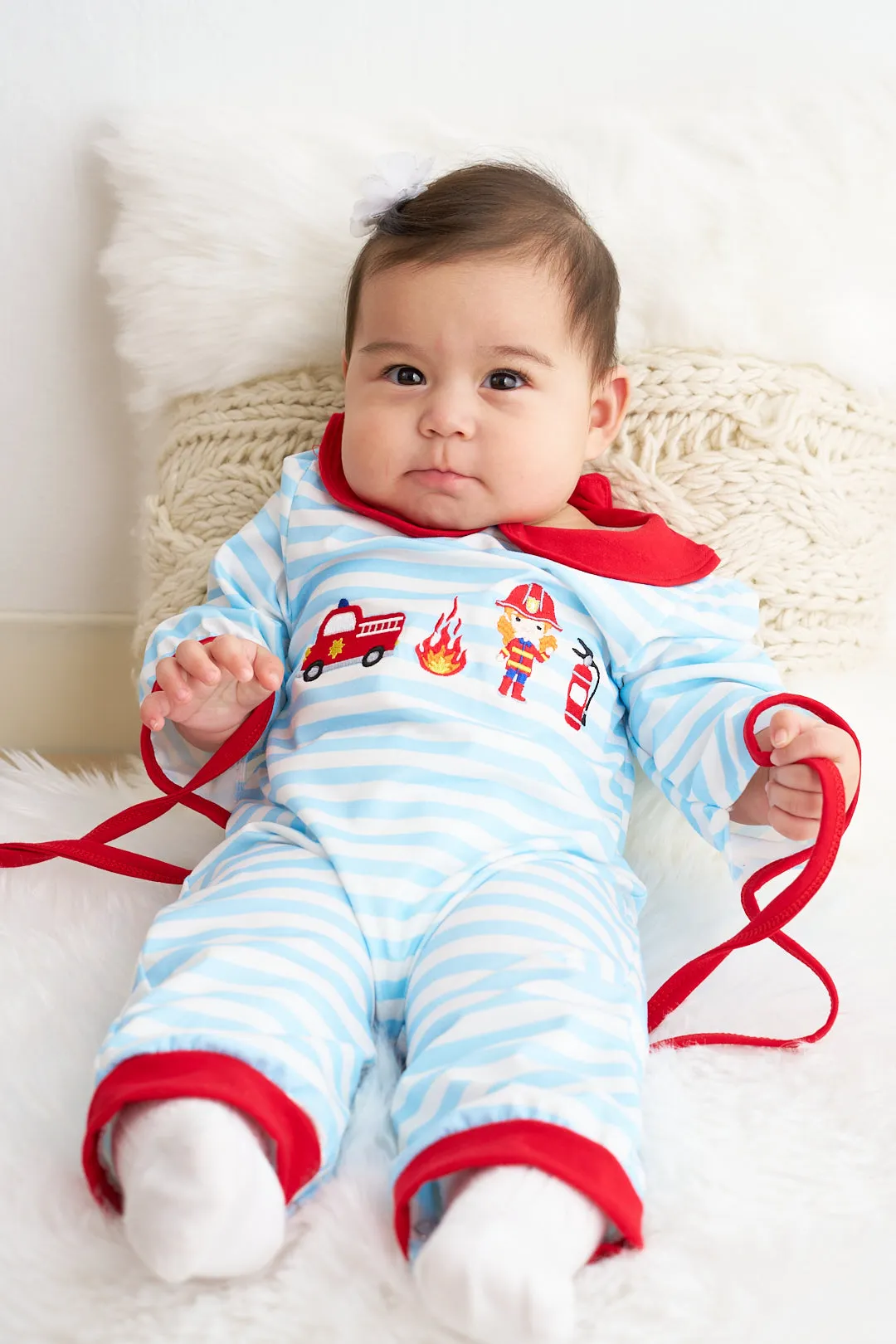 Blue stripe fire engine embroidery girl romper