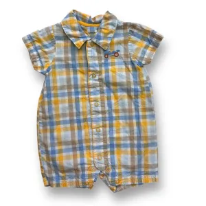 Boys Just One You Size 3 Months Blue/Yellow Plaid Snap Romper