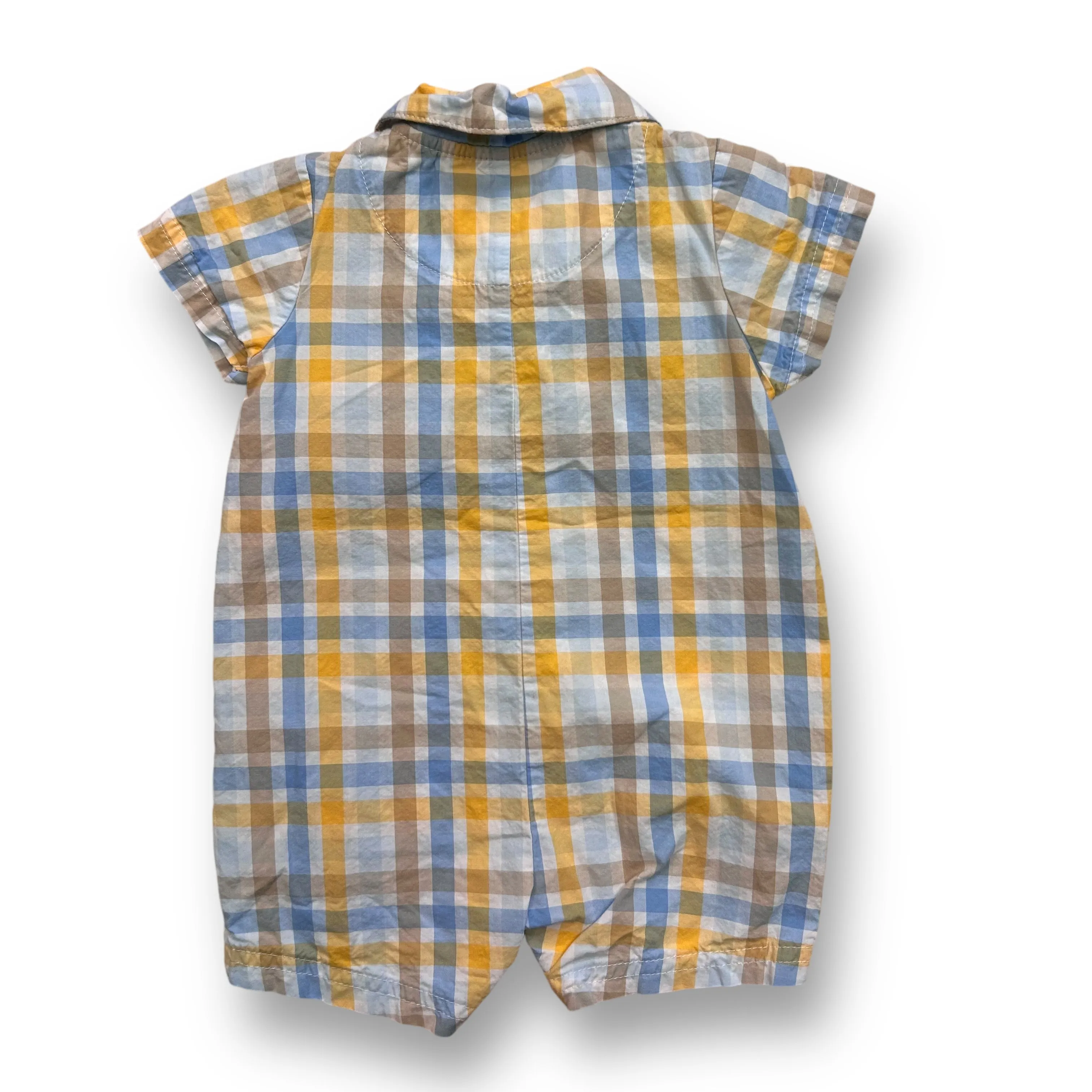 Boys Just One You Size 3 Months Blue/Yellow Plaid Snap Romper