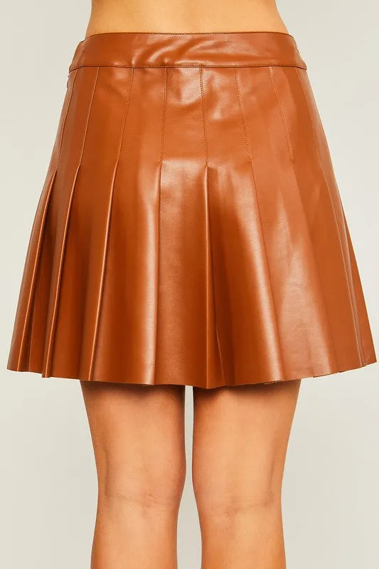 Brown PU Mini Pleated Skirt