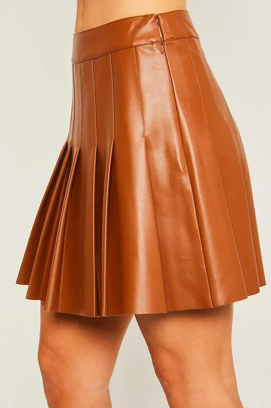 Brown PU Mini Pleated Skirt