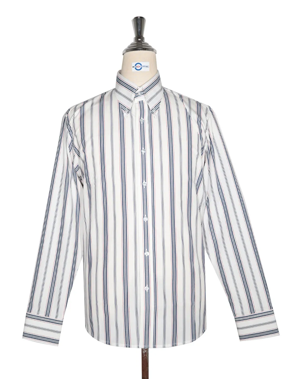 Button Down Shirt - White, Navy Blue and Red Stripe Shirt