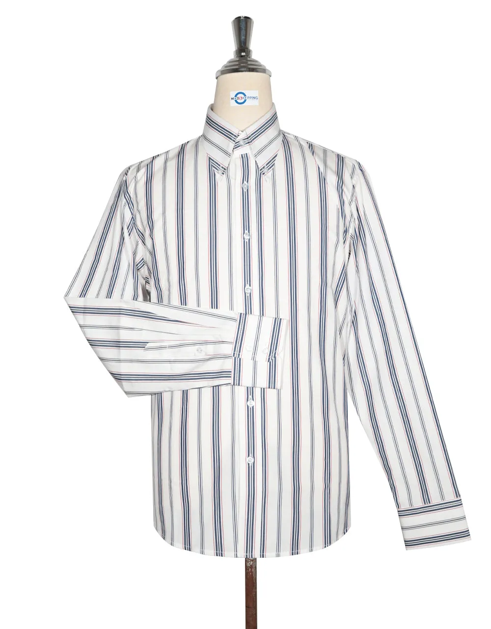 Button Down Shirt - White, Navy Blue and Red Stripe Shirt