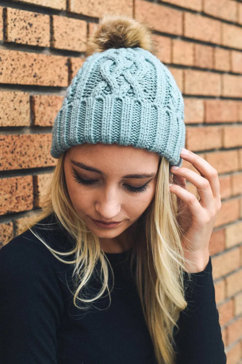 Cable Knit Beanie with Faux Fur Pom