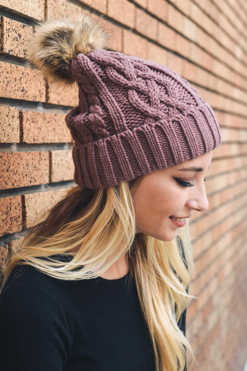 Cable Knit Beanie with Faux Fur Pom