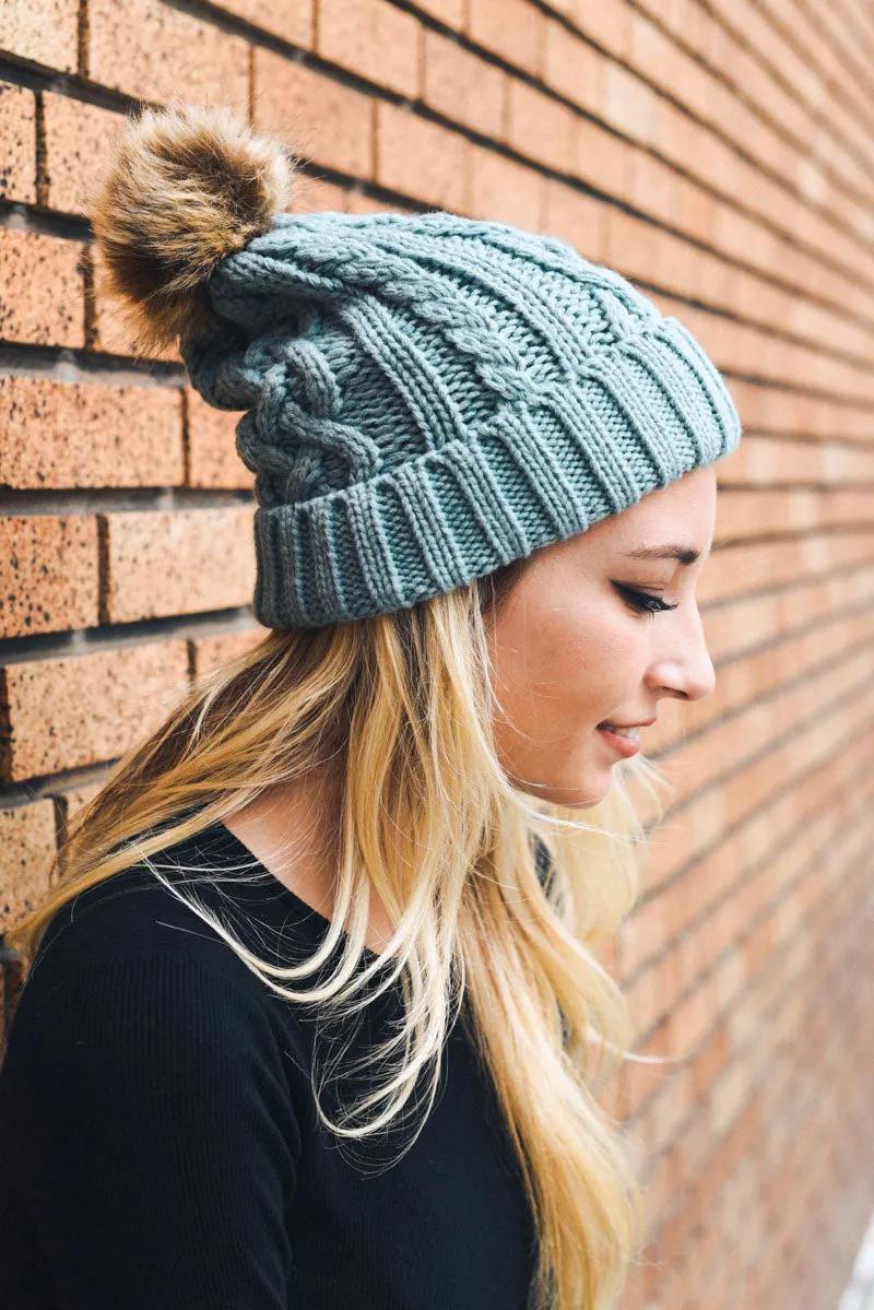 Cable Knit Beanie with Faux Fur Pom