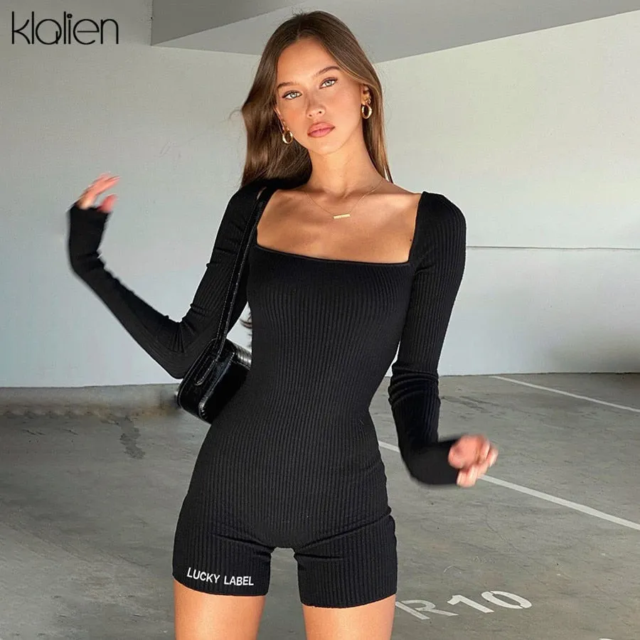 Casual streetwear black spring summer print letter skinny playsuit elastic yoga fitness sportwear playsuit