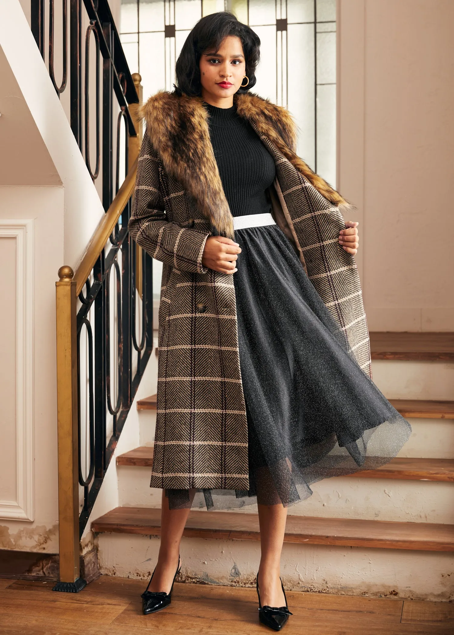 Checkered Charm Fur-Trimmed Coat