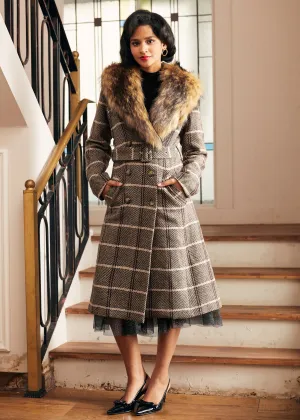 Checkered Charm Fur-Trimmed Coat