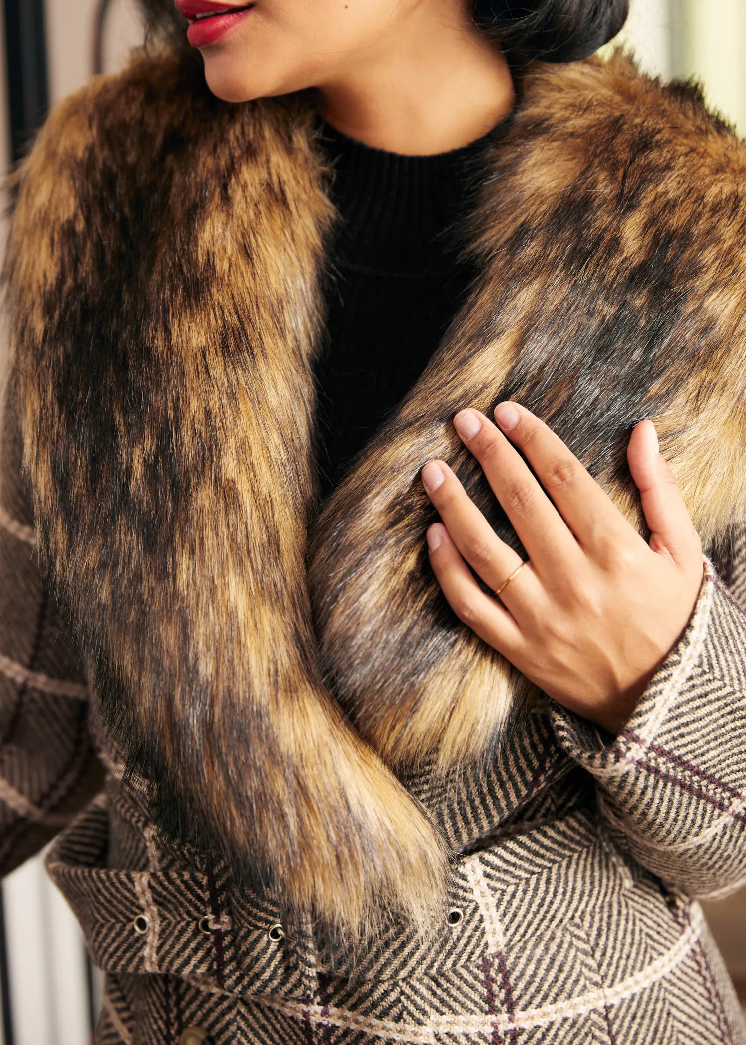 Checkered Charm Fur-Trimmed Coat