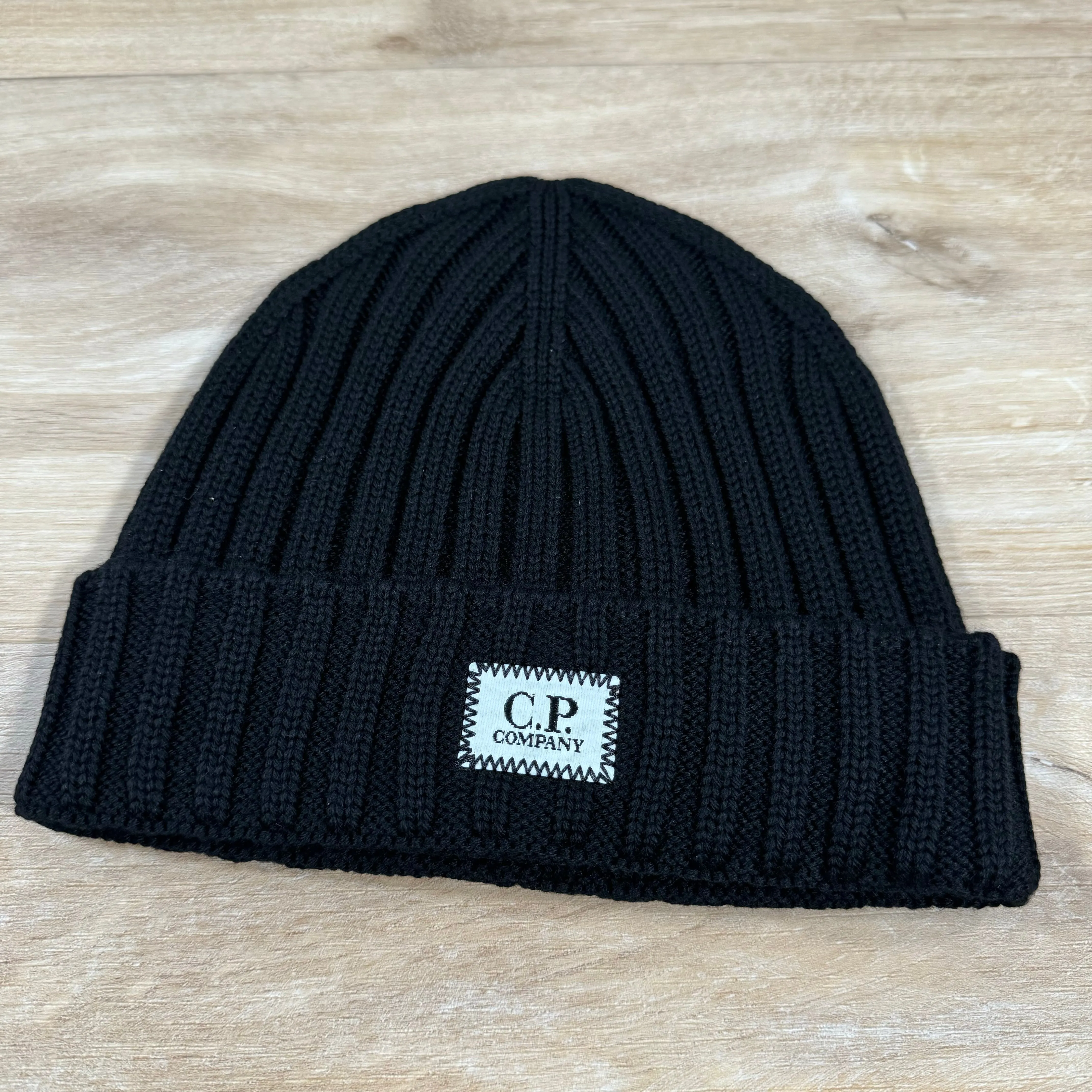 C.P. Company Extra Fine Merino Wool Logo Beanie in Black