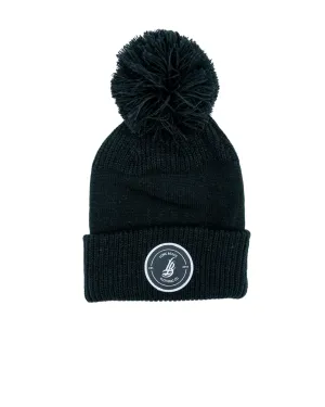 Cursive LB Patch Black Giant Pom Beanie